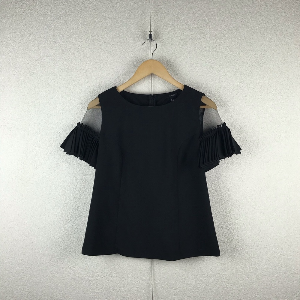 Forever 21 l M Black Mesh Back Fringe Sleeves Boxy Modern Structured Sexy Blouse